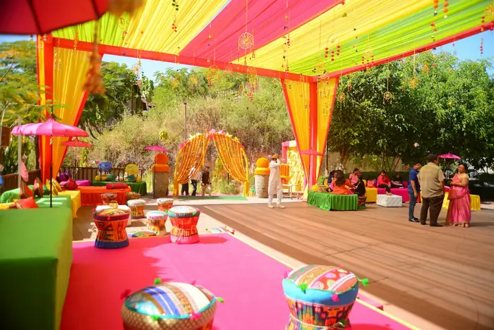 Colourful outdoor tents set for a mehendi