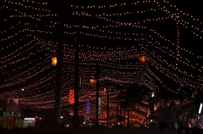 Festive lights strung over a Karol Bagh street