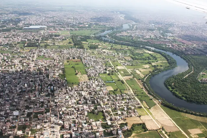 Aerial view of the Najafgarh Drain and its green bend