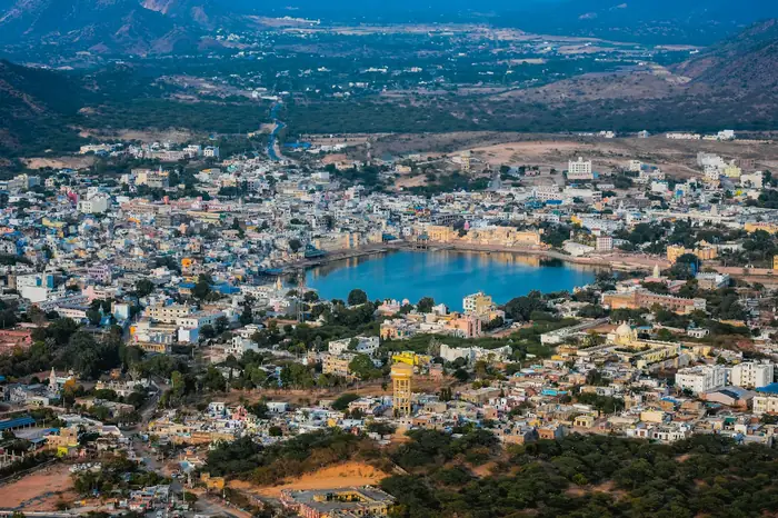 Pushkar town and lake from above