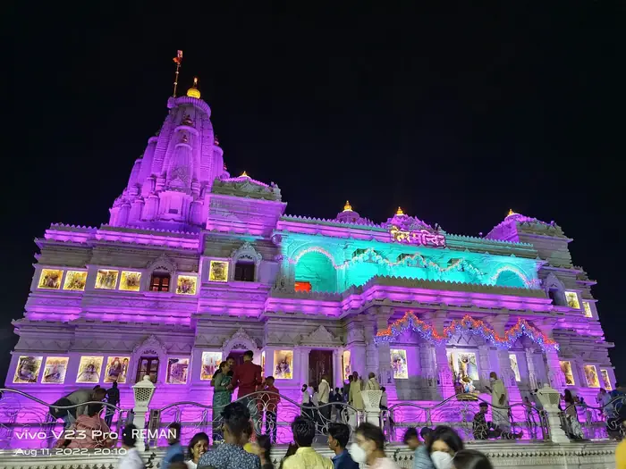 Prem Mandir lit at night, Vrindavan
